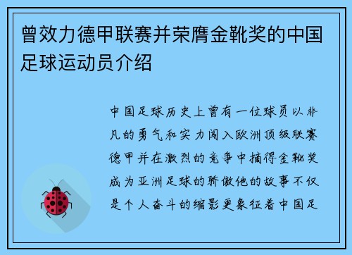 曾效力德甲联赛并荣膺金靴奖的中国足球运动员介绍