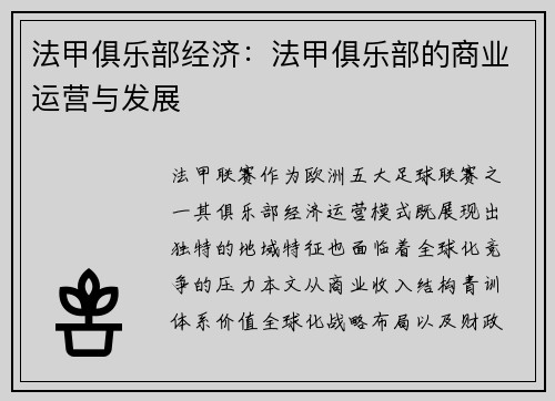 法甲俱乐部经济：法甲俱乐部的商业运营与发展