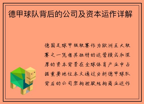 德甲球队背后的公司及资本运作详解