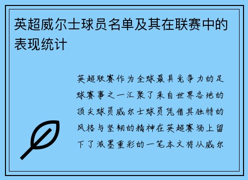英超威尔士球员名单及其在联赛中的表现统计